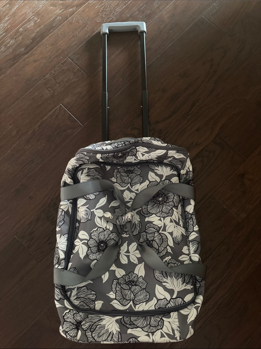 Vera Bradley Gray and White Floral Rolling Duffle Carry-On Suitcase